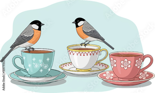 Two little birds perch on teacups filled with brown liquid
