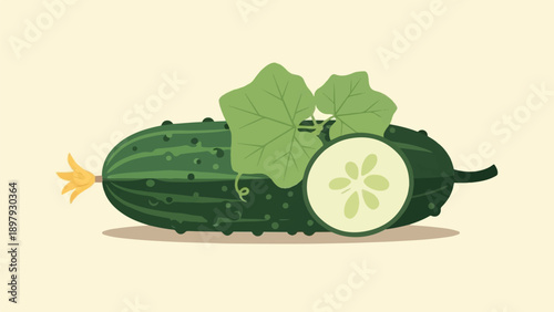 Two green cucumbers with leaves and one slice, isolated on a light background