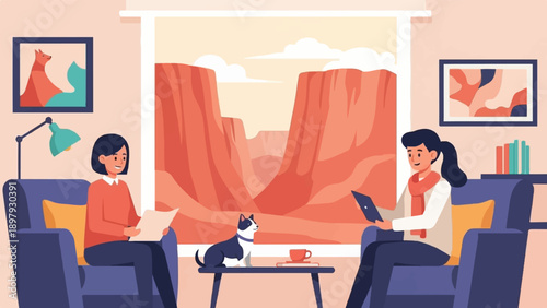 Two people and a dog relax indoors with a canyon view