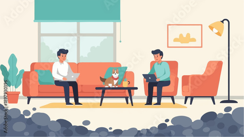 Two men and a dog relax in a living room, working on laptops