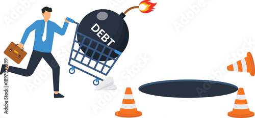 Businessman running financial debt crisis approaching deep hole shopping cart debt bomb economic danger risk management urgent situation falling into