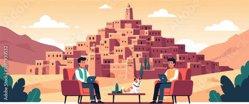 Two men and dog relax with laptops in front of a desert village