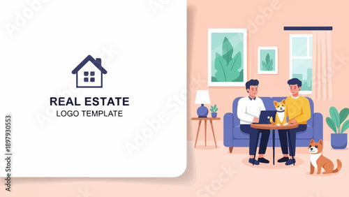 Two men and two dogs relax in a cozy living room with plants and artwork