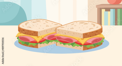 Two halves of a deli sandwich on a blue plate with a blurred background