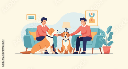 Two men and their dogs relaxing on blue sofas, cozy indoor scene