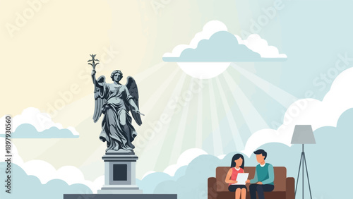 Stylized angel statue overlooks a couple discussing documents on a couch indoors