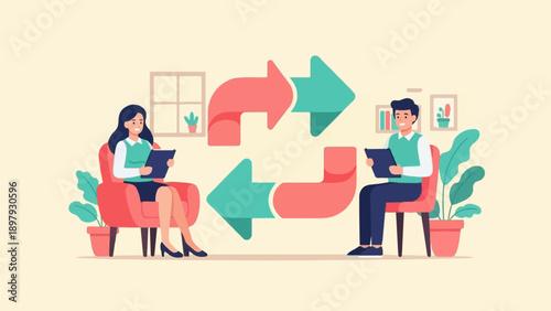 Two people, a man and woman, seated in chairs, engage in an exchange