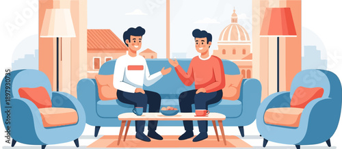 Two men converse in a stylish living room with a city view