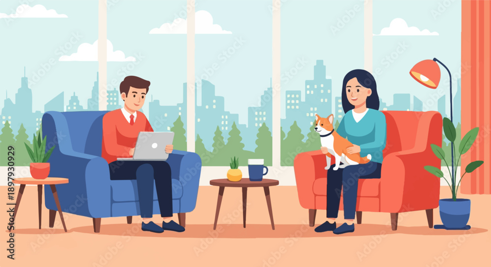 Fototapeta premium Two people and a dog relaxing in armchairs by a large window overlooking a city