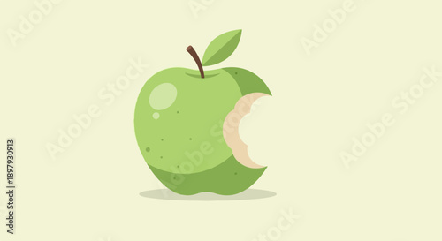 Simple graphic of a bitten green apple with a leaf and stem