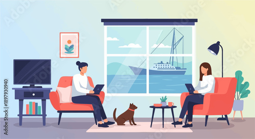 Two people and a cat relaxing in a living room with a large window showing a seascape