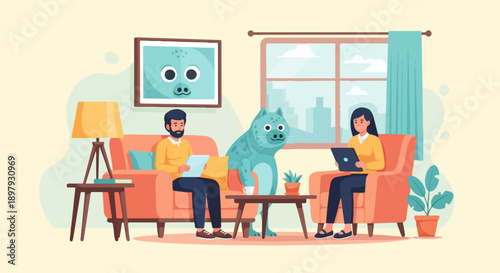 Two people and a cat sit in a living room