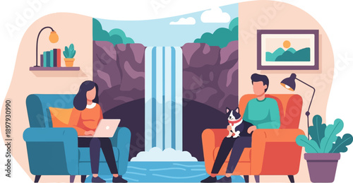 Two people and a dog relaxing indoors with a waterfall view