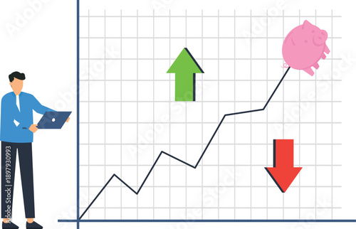 Financial analysis chart showing market growth, investment strategy, business data, stock market, savings goal, upward trend, downward arrow, digital finance, data visualization.
