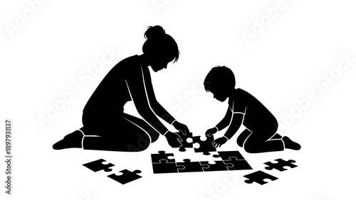 Mother and child solving jigsaw puzzle together.