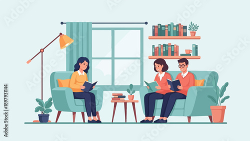 Three people relax in armchairs and on a sofa, reading books indoors