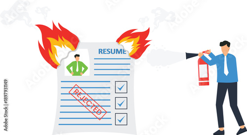 Burning resume job rejection career crisis business failure extinguishing fire crisis management hiring process employment problems flat design human resources office worker rejected document