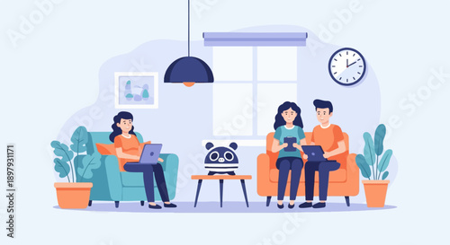Three people relax indoors on furniture, using laptops and tablets