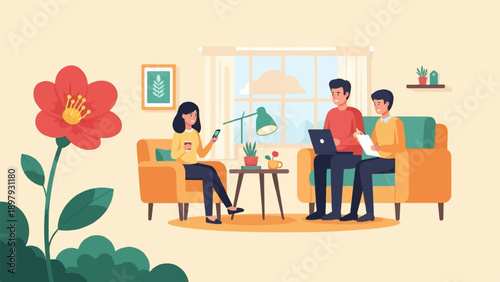 Three people relax indoors with plants, a flower, and devices
