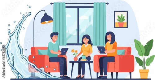 Three people relax indoors with tablets, water splash outside window