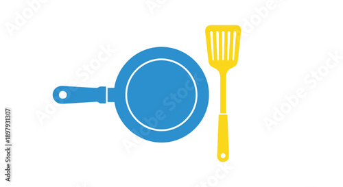 A blue frying pan and yellow spatula illustration kitchenware design