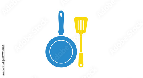 Blue frying pan and yellow spatula icon on a white background