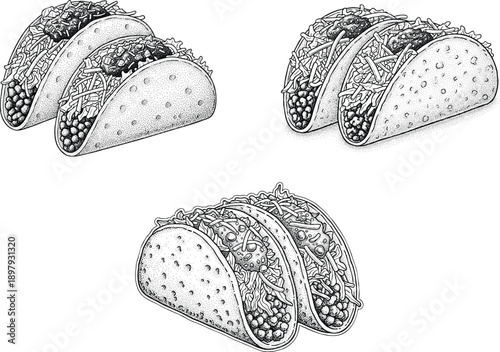 Engraving art three tacos in vintage engraving style vector
