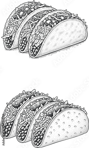 Engraving art three hard shell tacos filled with ground meat, lettuce, and cheese illustration vector