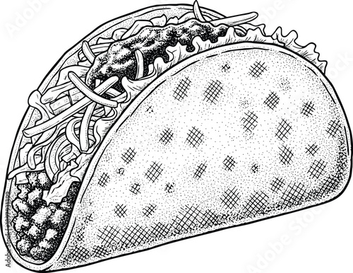 Engraving art black and white engraving style illustration of a crunchy taco vector