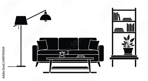 Simple black and white illustration of a modern living room setup