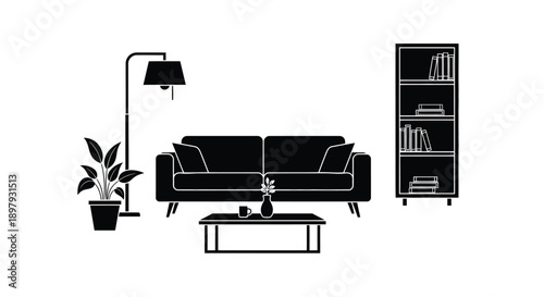 Minimalist living room interior with sofa lamp and bookshelf illustration