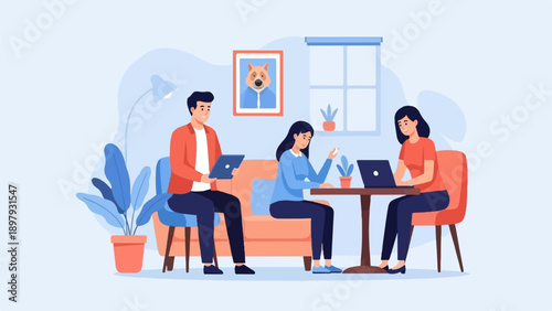 Three people work on laptops and tablets in a modern, stylish interior