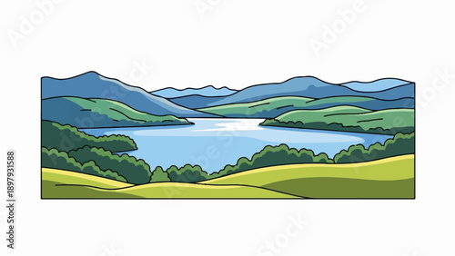 Stylized, colorful landscape features rolling hills, a lake, and distant blue mountains