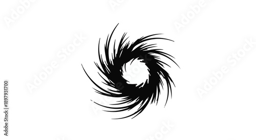 Abstract black swirling vortex on a clean white background, representing energy and motion.