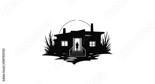 Silhouette of a solitary figure standing at the entrance of a rustic, weathered home at dusk.