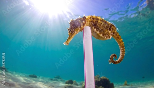 Seahorse Anchored to a Pole Underwater with Sun Rays.