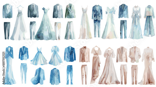 Fashion illustration set of elegant dresses and outfits in blue and neutral tones. Modern clothing designs perfect for editorial branding presentations and apparel design concepts.