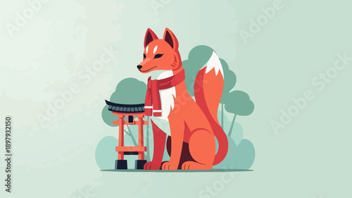 Stylized fox in scarf sits near Japanese torii gate surrounded by trees