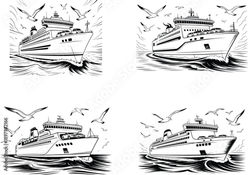 Four cruise ships sailing on the ocean with seagulls flying overhead