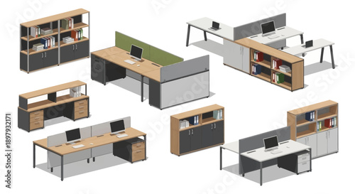 Modern office workstation configurations with various desk and shelving units in a collaborative workspace environment