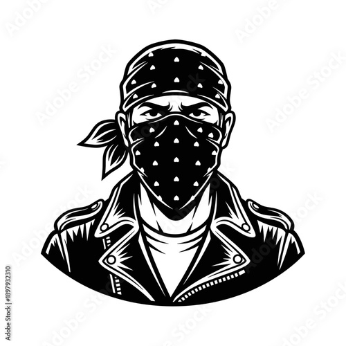Intense Biker with Bandana Mask and Leather Jacket.