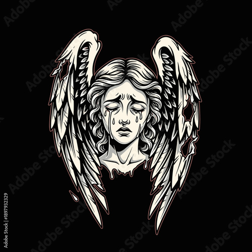 Crying Angel with Wings Illustration.
