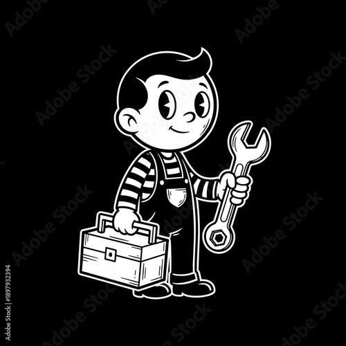 Cartoon boy in overalls holding a wrench and toolbox.