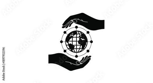 Two hands gently protecting a glowing globe surrounded by connected dots, symbolizing global connection and care.