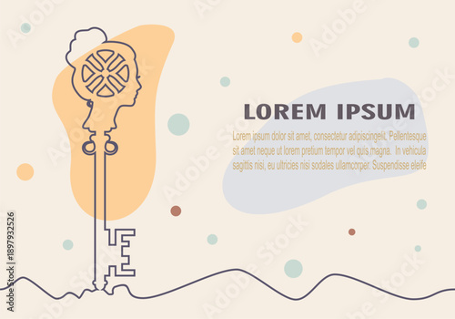 Female head merges into a key. A human head shaped like a key. Problem solving, unlocking potential, innovation, and business intelligence and psychology concept. Thin line silhouette. Field for text.