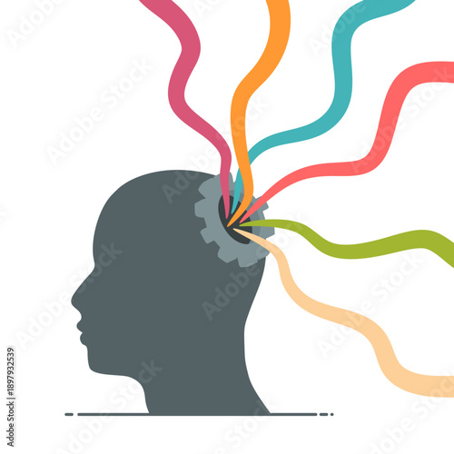 Thinking process. Arrow lines from human head. Business solution, possible idea variant, various flexible. What If problem solving ways
