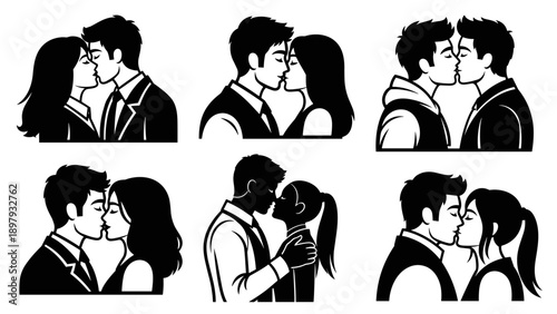 Collection of six black and white illustrations depicting couples kissing, showcasing various intimate moments.