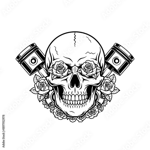 Skull with Roses and Pistons Illustration.
