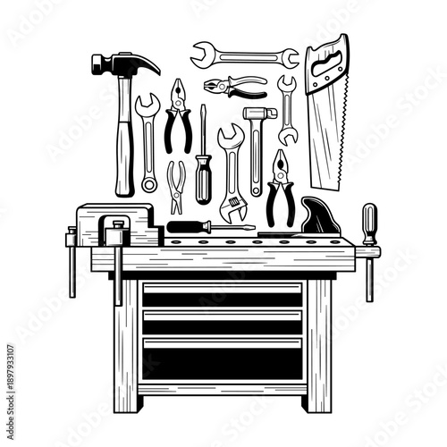 Collection of Hand Tools on a Workbench.