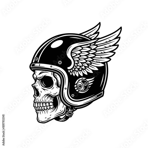 Skull wearing winged motorcycle helmet in black and white illustration.